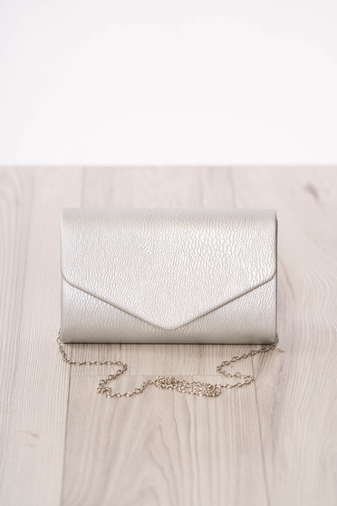 Bag clutch silver occasional from ecological leather metal eyelets fastening accessorized with chain