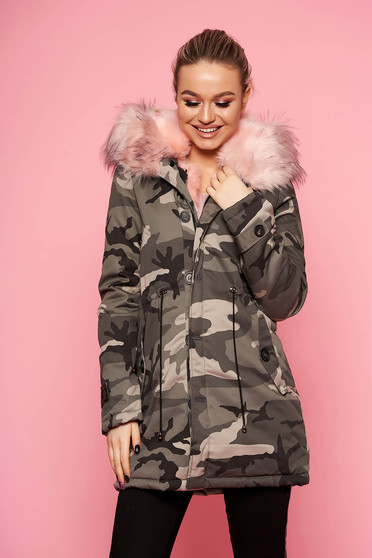 Grey jacket casual midi with front pockets long sleeved with undetachable hood with furry hood