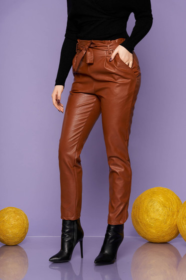 Trousers brown casual from ecological leather conical high waisted accessorized with tied waistband with pockets