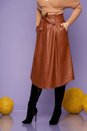 Brown skirt casual midi cloche with pockets from ecological leather detachable cord back zipper fastening