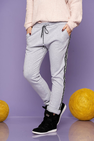 Trousers grey casual cotton straight with pockets with elastic waist