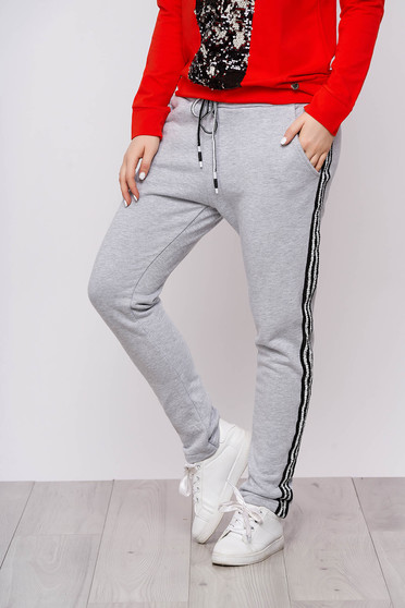 Trousers grey casual cotton straight with pockets with elastic waist
