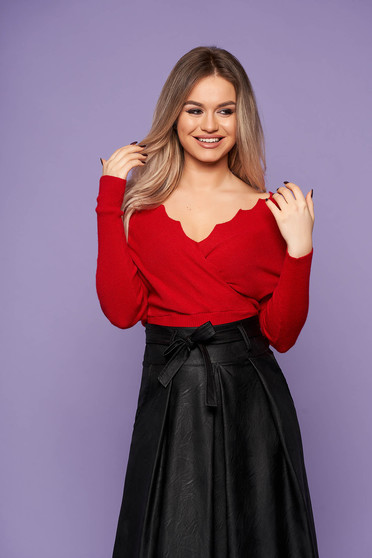 Red women`s blouse casual short cut with v-neckline knitted arched cut long sleeved