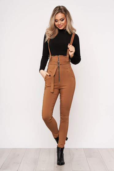 Brown jumpsuit casual stretch with an accessory zippers