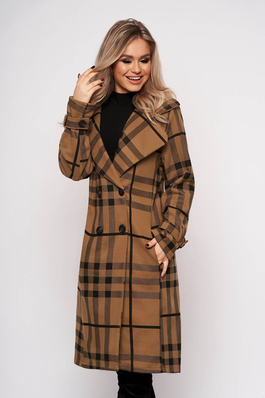 Brown trenchcoat with button accessories with pockets office with chequers