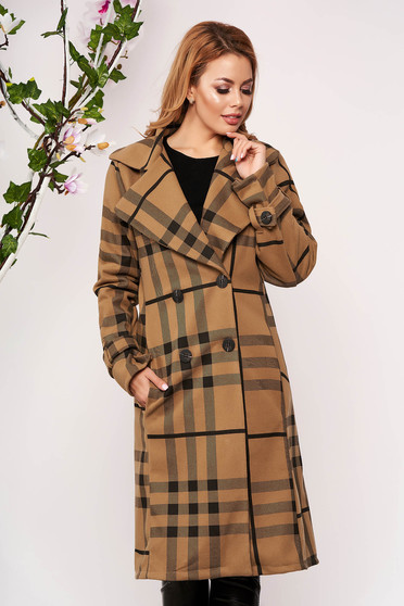 Brown trenchcoat with button accessories with pockets office with chequers