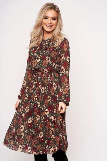 Khaki dress with elastic waist with floral prints daily tied with bow