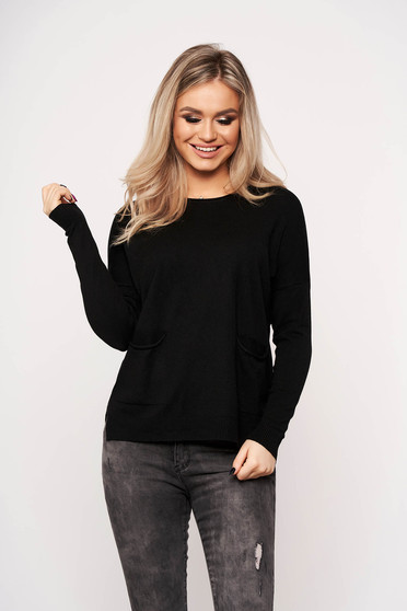 Black women`s blouse with pockets with round collar casual thin fabric
