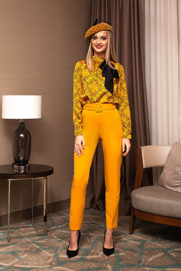 Trousers mustard office conical high waisted accessorized with belt