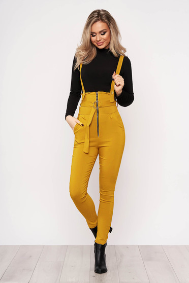 Mustard jumpsuit casual stretch with an accessory zippers