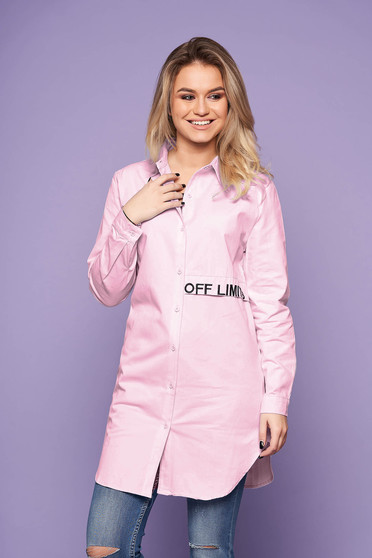 Pink women`s shirt casual flared embroidered asymmetrical long sleeved