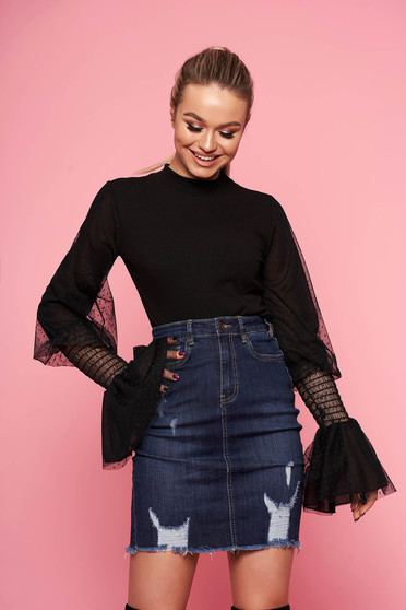 Black women`s blouse elegant short cut turtleneck knitted fabric with bell sleeve plumeti
