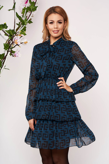Blue dress daily short cut cloche with inside lining with elastic waist with ruffle details airy fabric