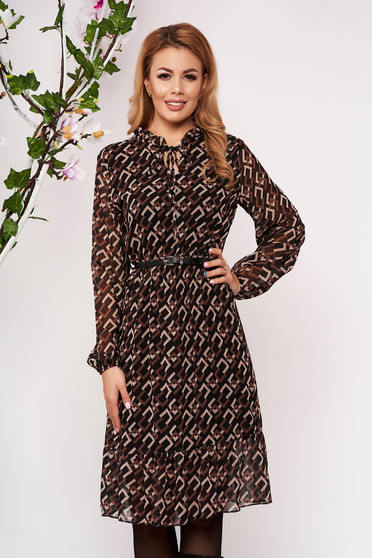 Brown dress elegant midi cloche airy fabric elastic waist faux leather belt