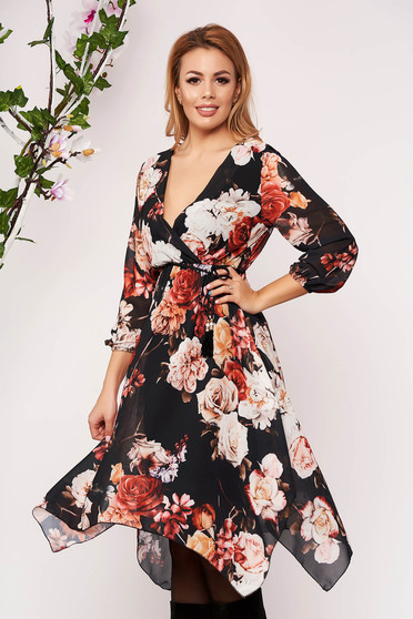 Mustard dress elegant short cut asymmetrical cloche from veil fabric with v-neckline with 3/4 sleeves with floral print