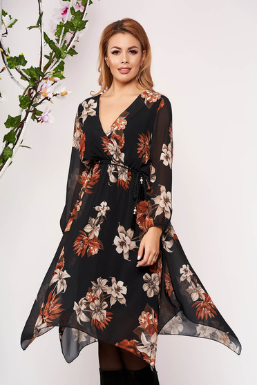 Brown dress elegant short cut asymmetrical cloche from veil fabric with v-neckline with 3/4 sleeves with floral print