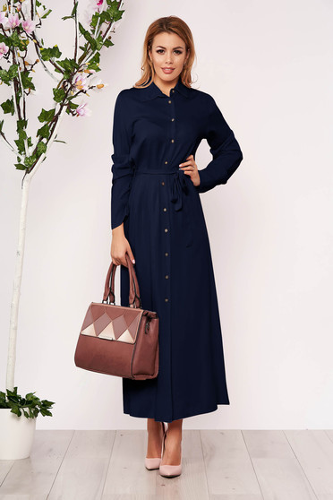 Darkblue dress casual long straight long sleeved with buttons