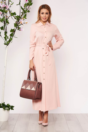 Lightpink dress casual long straight long sleeved with buttons