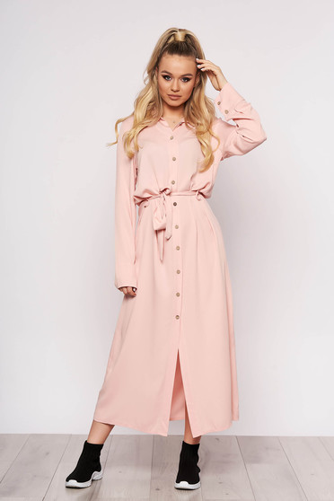 Lightpink dress casual long straight long sleeved with buttons