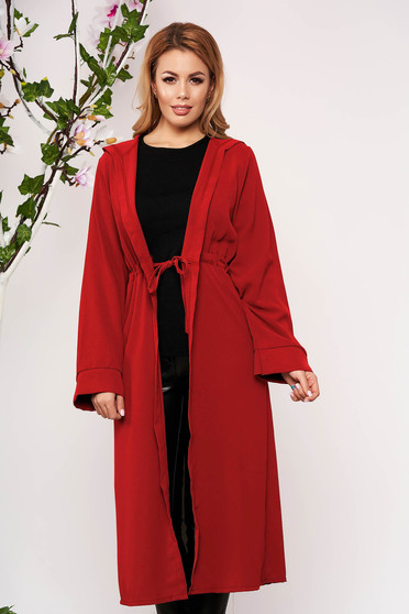 Red cardigan elegant with undetachable hood long sleeved airy fabric