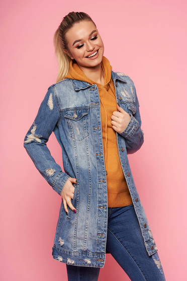 Blue jacket casual midi denim with ruptures long sleeved with buttons