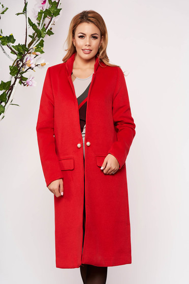 Red trenchcoat elegant wool long straight with faux pockets with inside lining