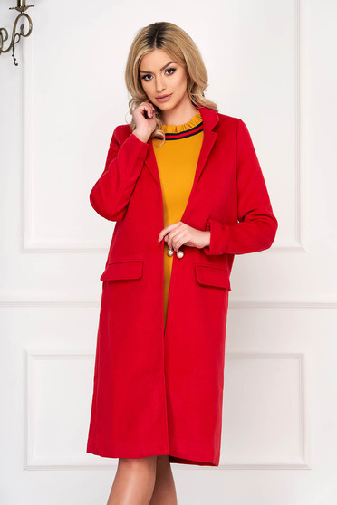 Red trenchcoat elegant wool long straight with faux pockets with inside lining