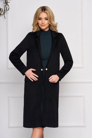 Black trenchcoat elegant wool long straight with faux pockets with inside lining