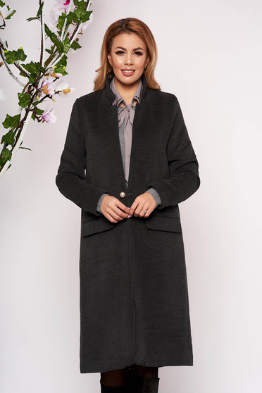 Grey trenchcoat elegant wool long straight with faux pockets with inside lining