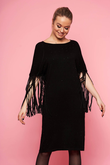 Black dress elegant flared with fringes without clothing with 3/4 sleeves knitted with crystal embellished details