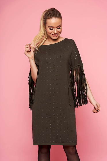 Khaki dress elegant flared with fringes without clothing with 3/4 sleeves knitted with crystal embellished details