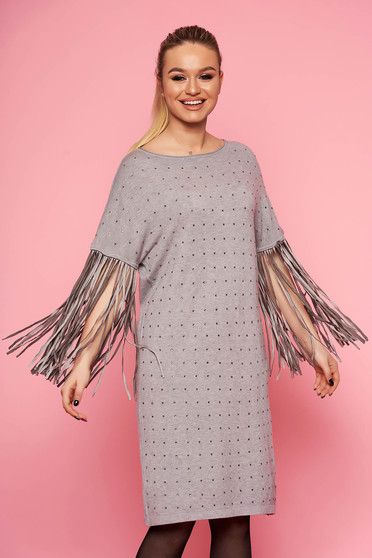 Grey dress elegant flared with fringes without clothing with 3/4 sleeves knitted with crystal embellished details