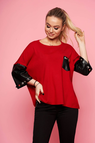 Red women`s blouse elegant short cut knitted with easy cut with 3/4 sleeves aims from ecological leather