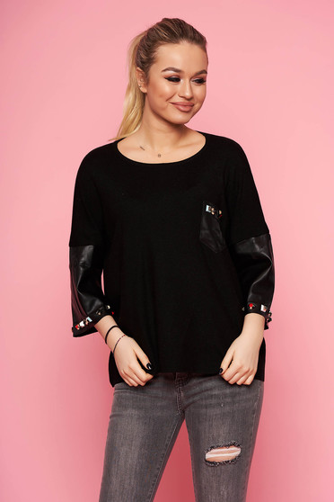 Black women`s blouse elegant short cut knitted with easy cut with 3/4 sleeves aims from ecological leather