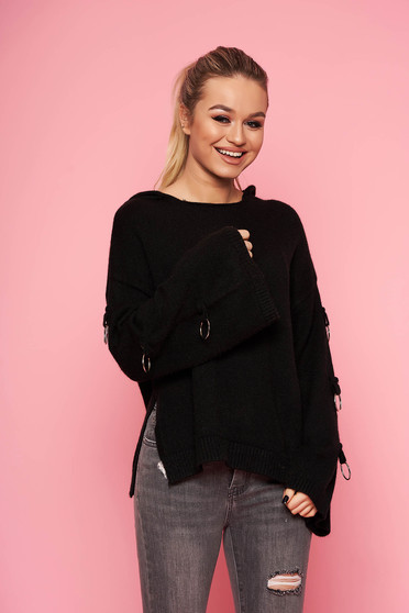 Black sweater casual knitted with undetachable hood with metal accessories short cut flared