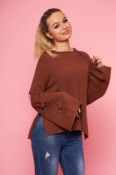 Bricky sweater casual knitted with undetachable hood with metal accessories short cut flared