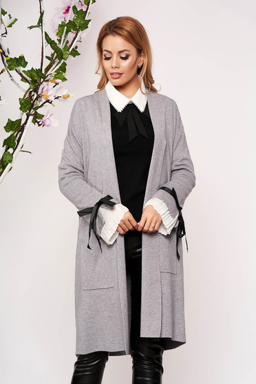 Grey cardigan elegant long knitted with bow accessories without clothing with front pockets