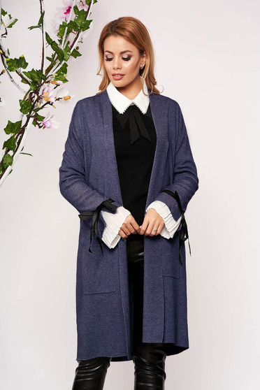 Blue cardigan elegant long knitted with bow accessories without clothing with front pockets