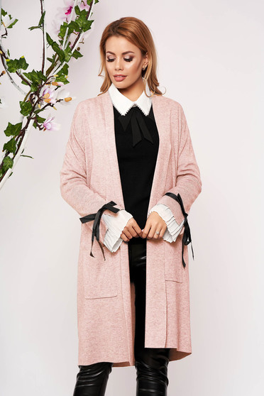 Lightpink cardigan elegant long knitted with bow accessories without clothing with front pockets