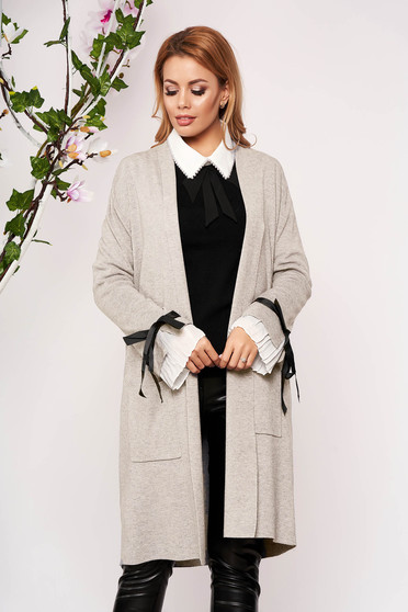 Cream cardigan elegant long knitted with bow accessories without clothing with front pockets