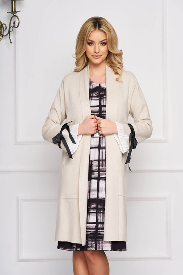 Cream cardigan elegant long knitted with bow accessories with front pockets
