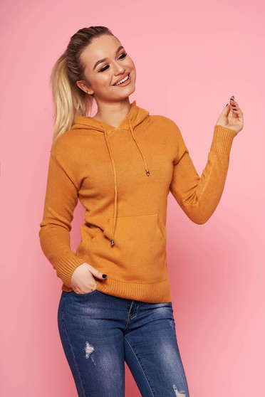 Mustard sweater casual hooded a front pocket long sleeved knitted short cut