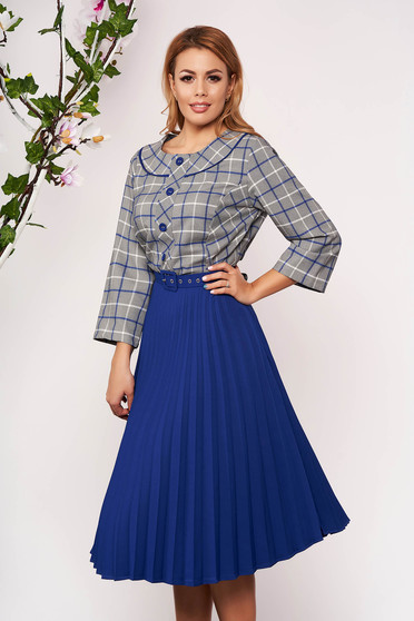 Blue dress office midi cloche pleats of material with 3/4 sleeves