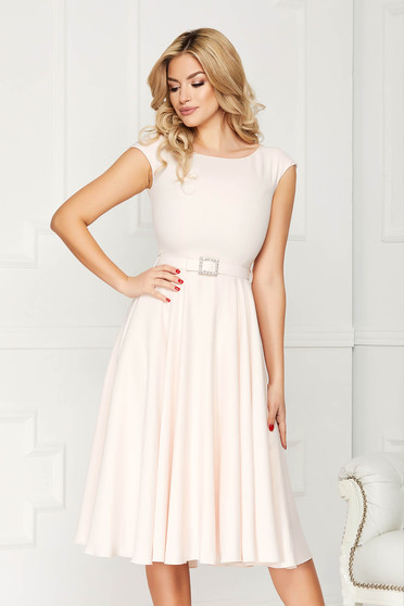 StarShinerS cream dress elegant midi a-line cloth accessorized with a waistband