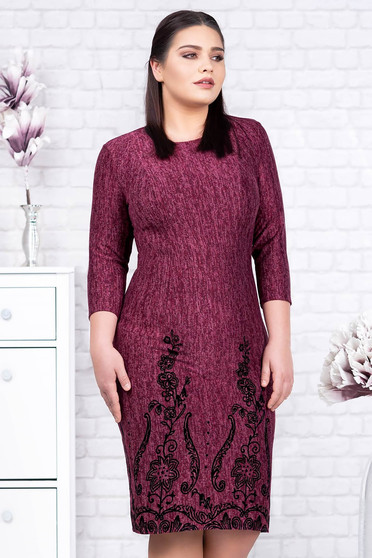 Burgundy dress elegant midi pencil knitted velvet insertions with floral details