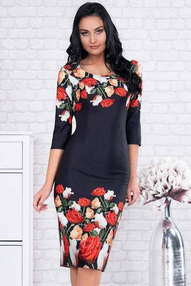 Black dress elegant midi pencil cloth with 3/4 sleeves with floral print