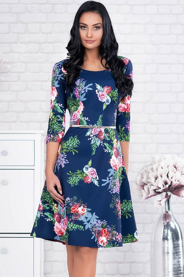 Darkblue dress elegant midi cloth accessorized with belt with floral print