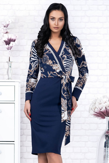 Darkblue dress elegant midi pencil cloth accessorized with tied waistband long sleeved
