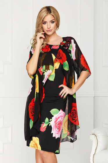 Black dress elegant midi straight from veil fabric with flower shaped brestpin with floral print