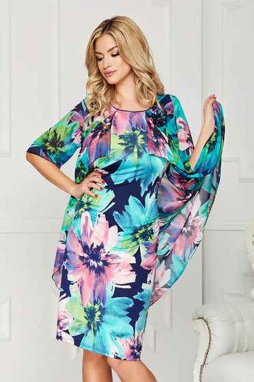 Turquoise dress elegant midi straight from veil fabric with flower shaped brestpin with floral print